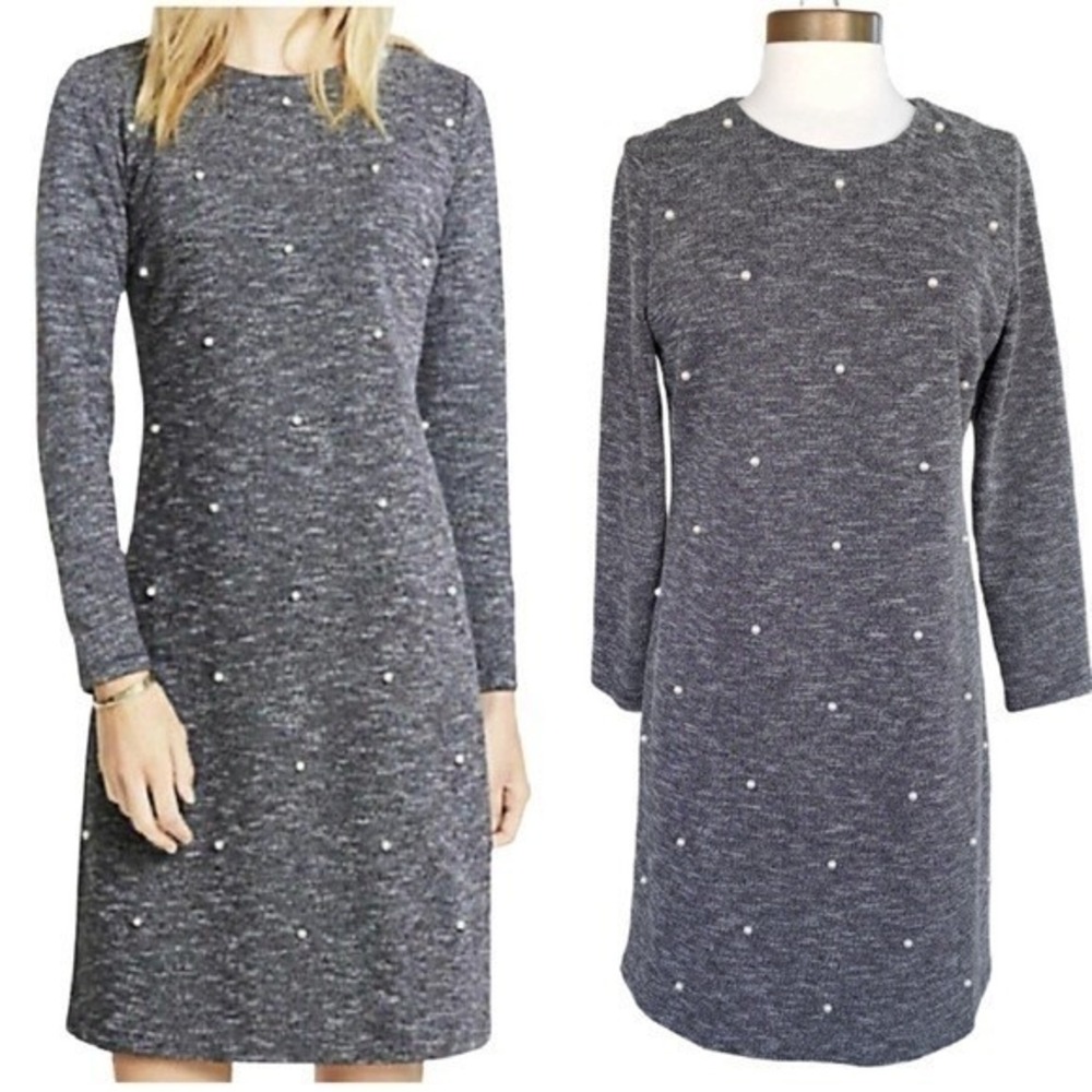 Ann Taylor Womens Sz 10 Gray Crew Neck Pearl Embellished Shift Dress Comfortable